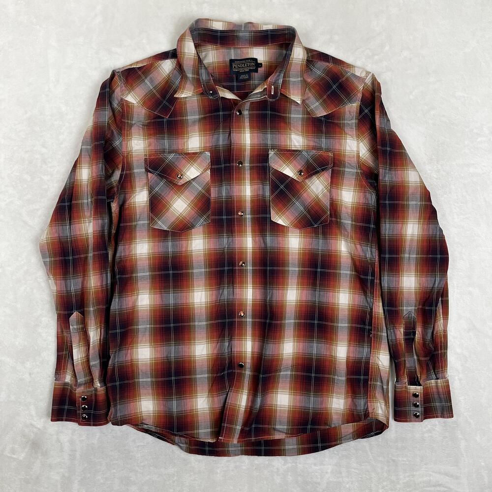 Pendleton Shirt Mens Large Brown Plaid Long Sleeve Snap Front Western Casual